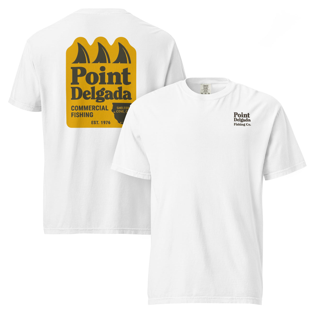 White Point Delgada Three Fins T-Shirt with goldenrod vintage badge on the back and left-chest Point Delgada Fishing Co. logo on the front