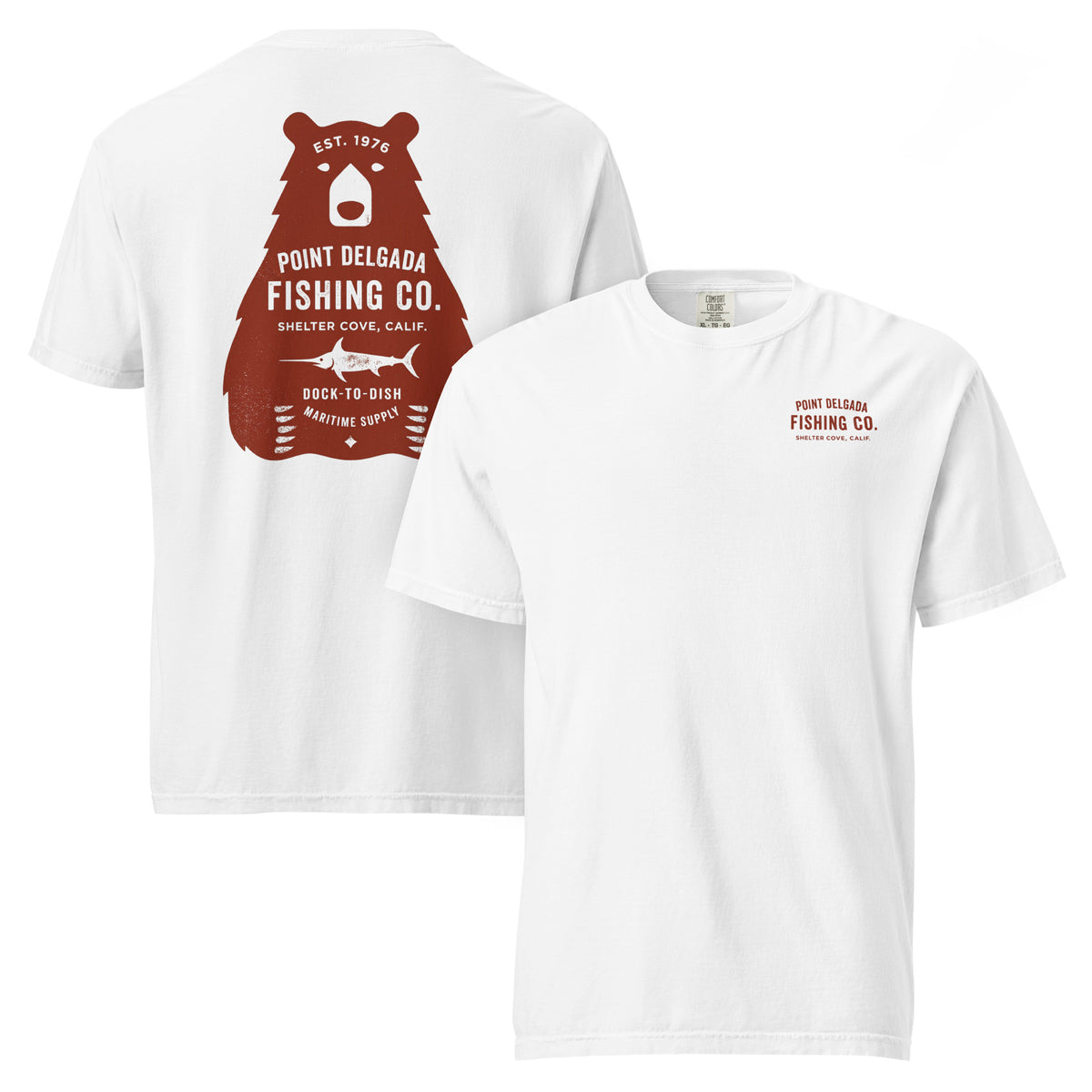 Point Delgada Bear Crest T-Shirt with distressed red bear and swordfish crest on the back and left-chest Point Delgada Fishing Co. logo on the front