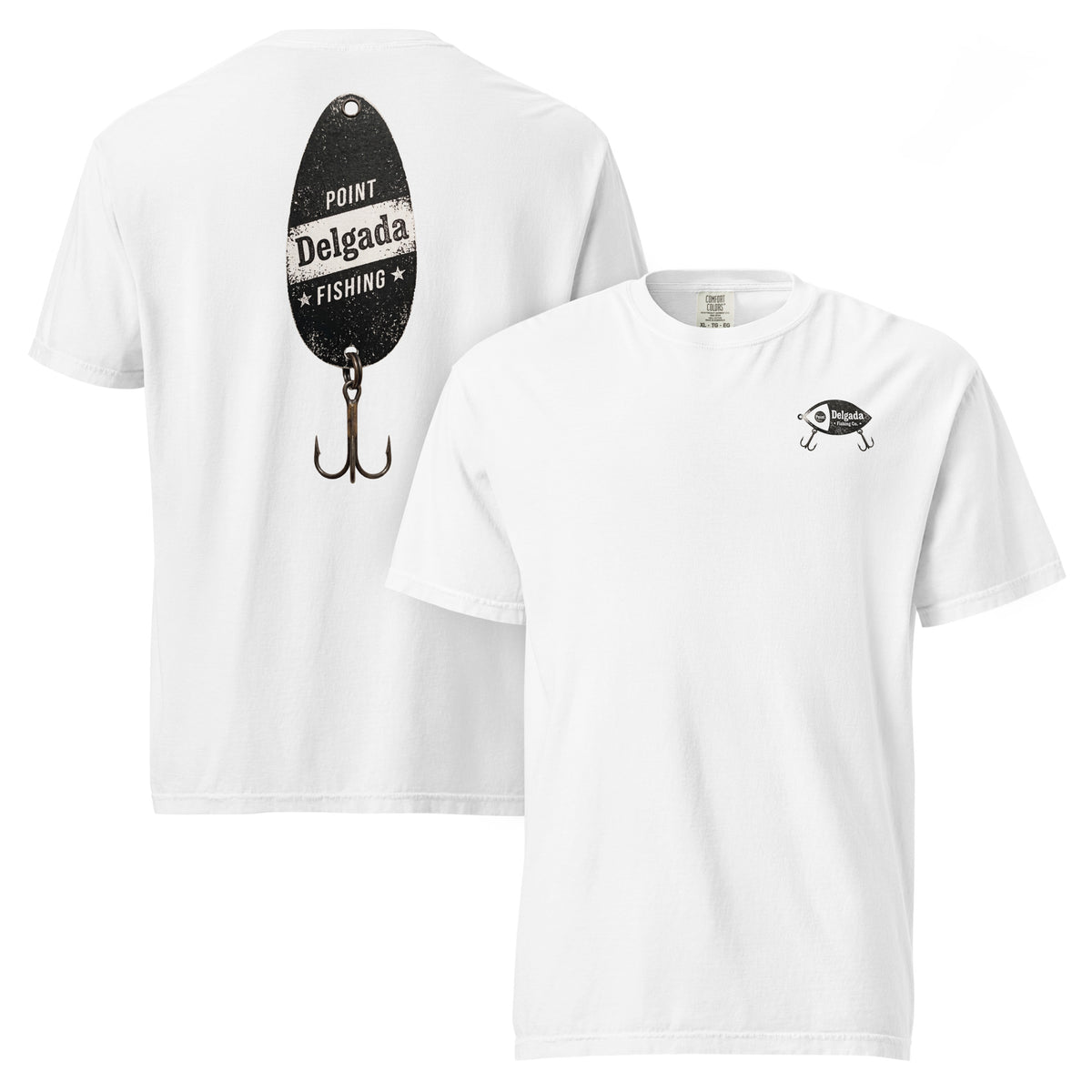 White Point Delgada Spoon Lure T-Shirt with distressed black fishing spoon and treble hook on the back and left-chest lure logo on the front