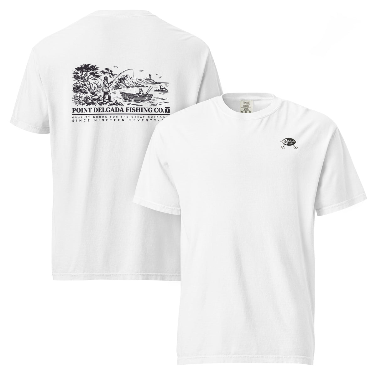 White Point Delgada Shoreline T-Shirt with black engraved coastal fishing scene and lighthouse on the back and left-chest lure logo on the front