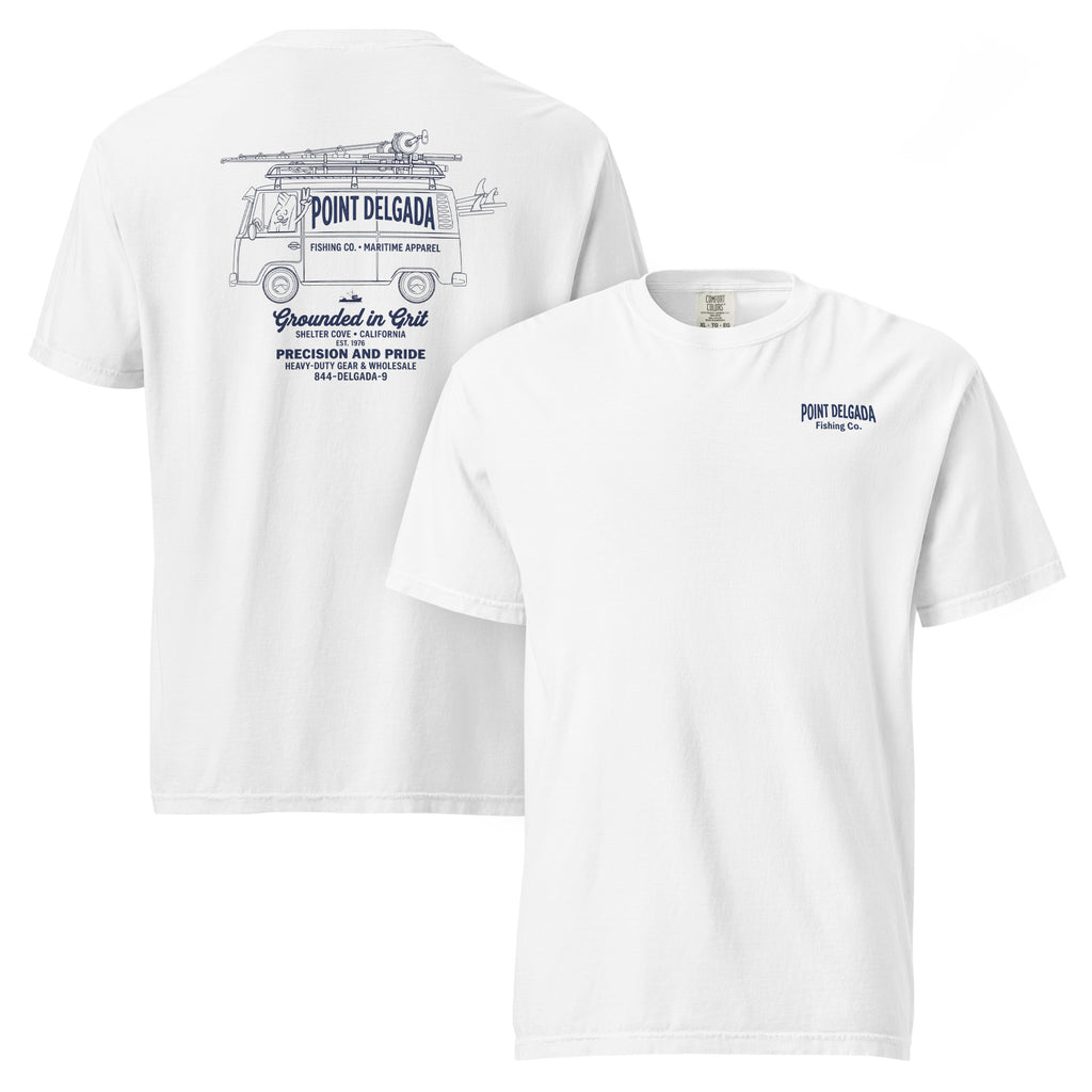White Point Delgada Supply Van T-Shirt with navy vintage van carrying fishing rods on the back and left-chest Point Delgada Fishing Co. logo on the front