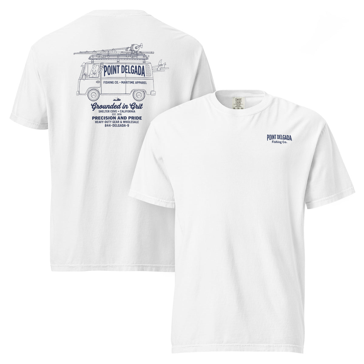 White Point Delgada Supply Van T-Shirt with navy vintage van carrying fishing rods on the back and left-chest Point Delgada Fishing Co. logo on the front