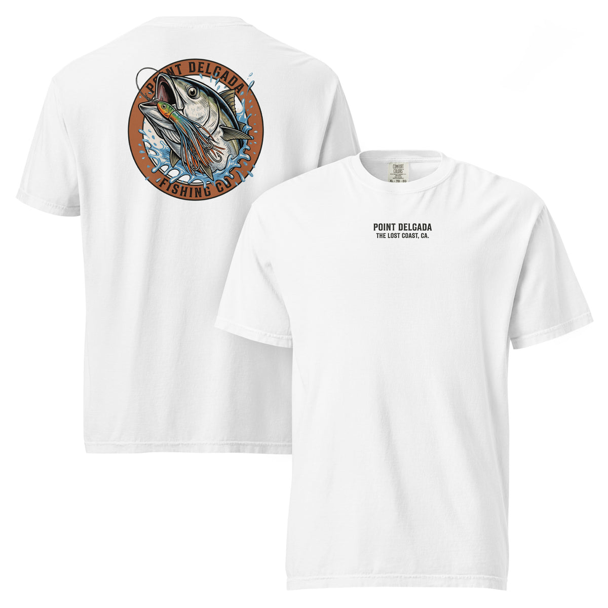 Point Delgada Tuna Strike T-Shirt with full-color tuna striking a trolling lure on the back and Point Delgada The Lost Coast, CA logo on the front