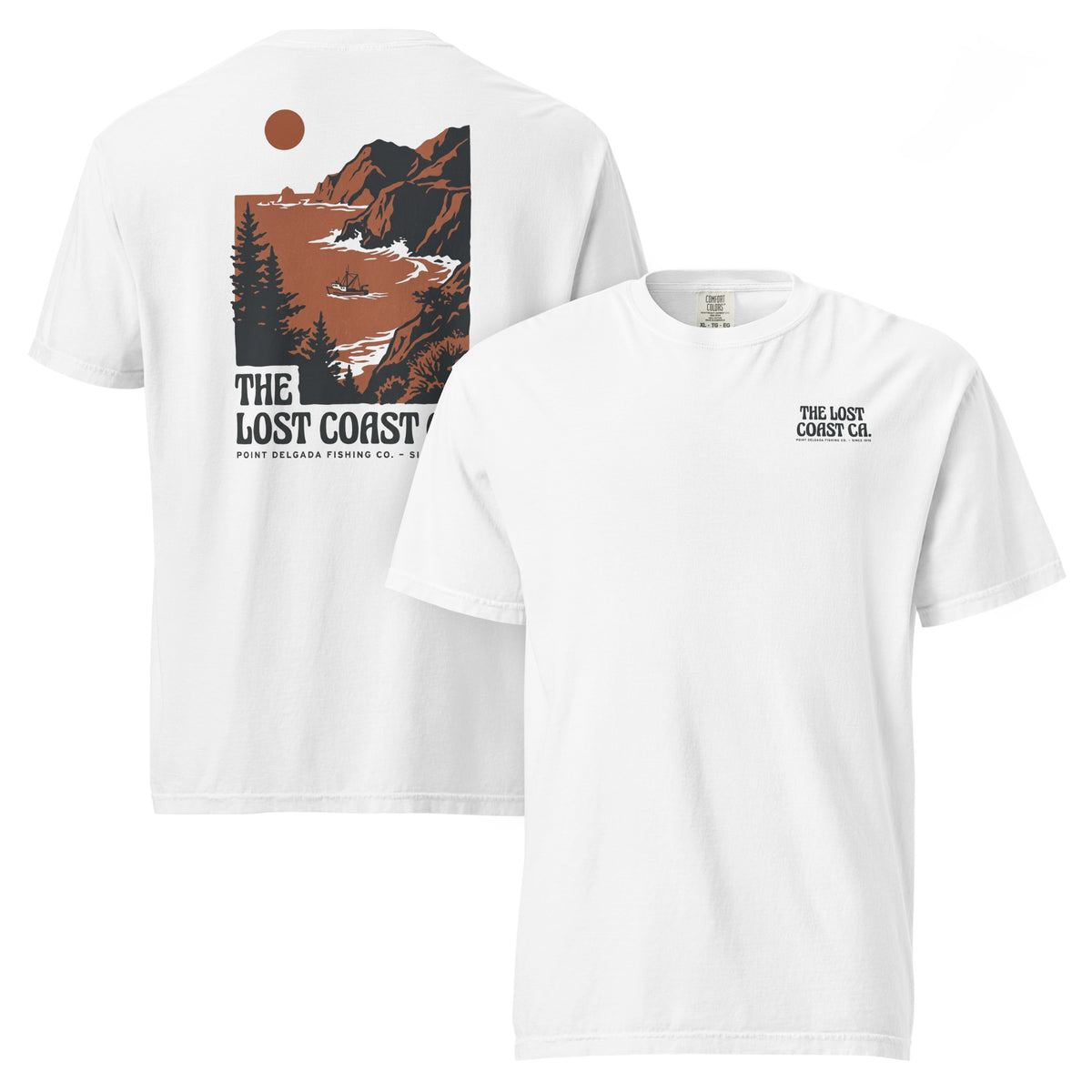 White Point Delgada Lost Coast Cliffs T-Shirt with rust and charcoal vintage print of cliffs, redwoods and a fishing boat on the back and left-chest Lost Coast CA. logo on the front